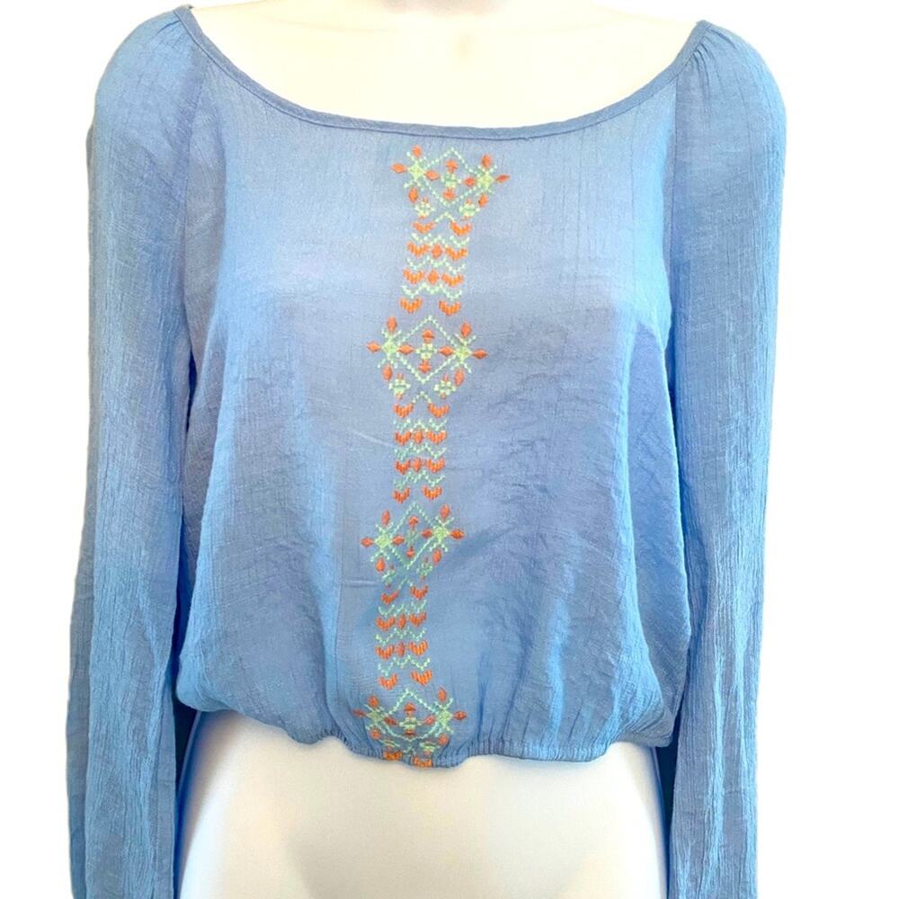Blu Pepper Light Weight Long Sleeve Baby Blue Embroidered Shirt Blouse Large
